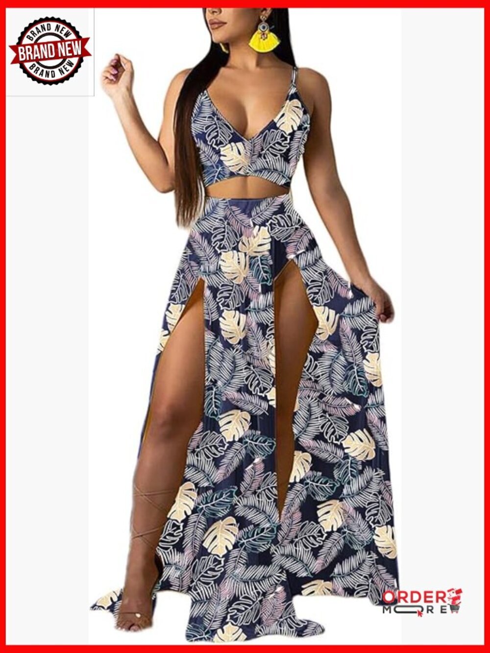 Sexy 2 Piece Chiffon Deep V Neck Crop Top High Split Maxi Skirt Set